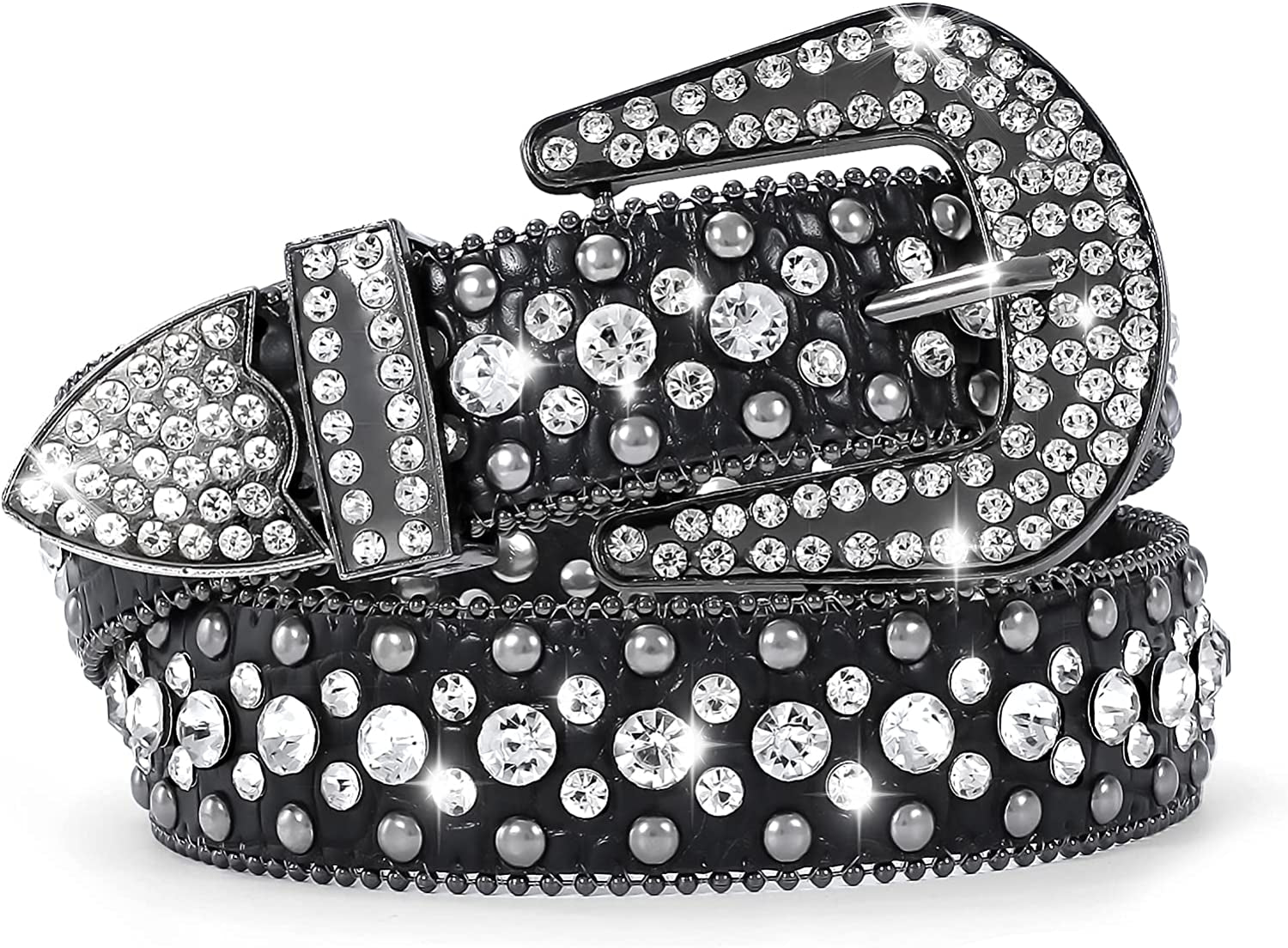 Women Rhinestone Belt for Jeans, Men Western Cowgirl Bling Studded Belt Faux Crocodile Grain Leather