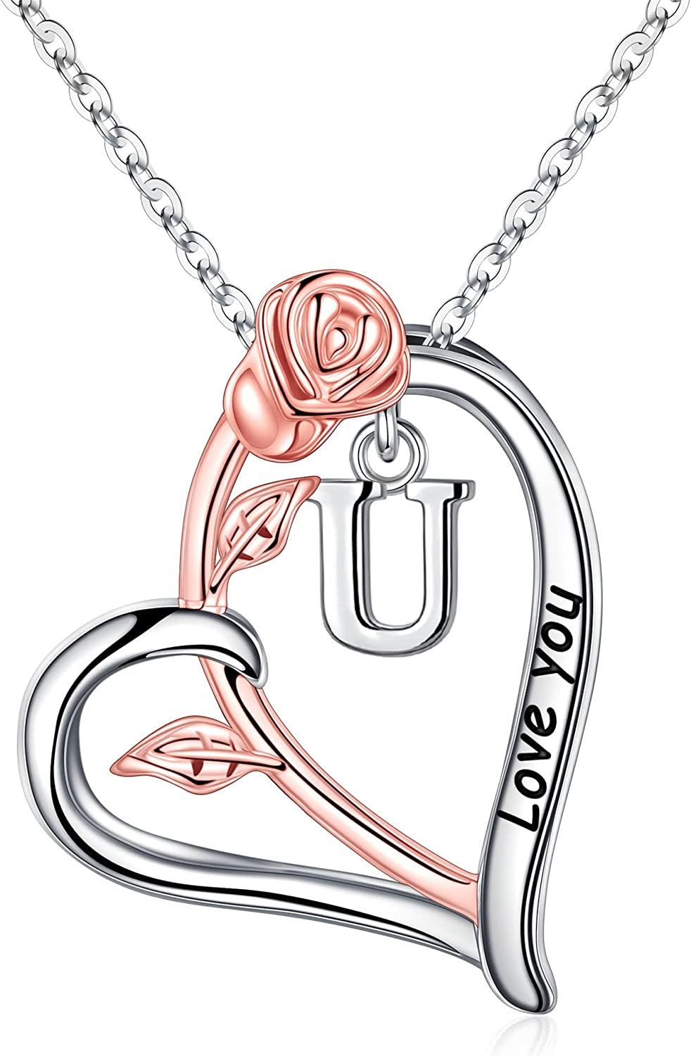 Rose Heart Initial Necklaces Gifts for Women Teen Girls, Rose Love You Heart Letter Pendant Necklace Jewelry Mothers Day Valentines Anniversary Christmas Birthday Gifts for Her Mom Wife Girlfriend