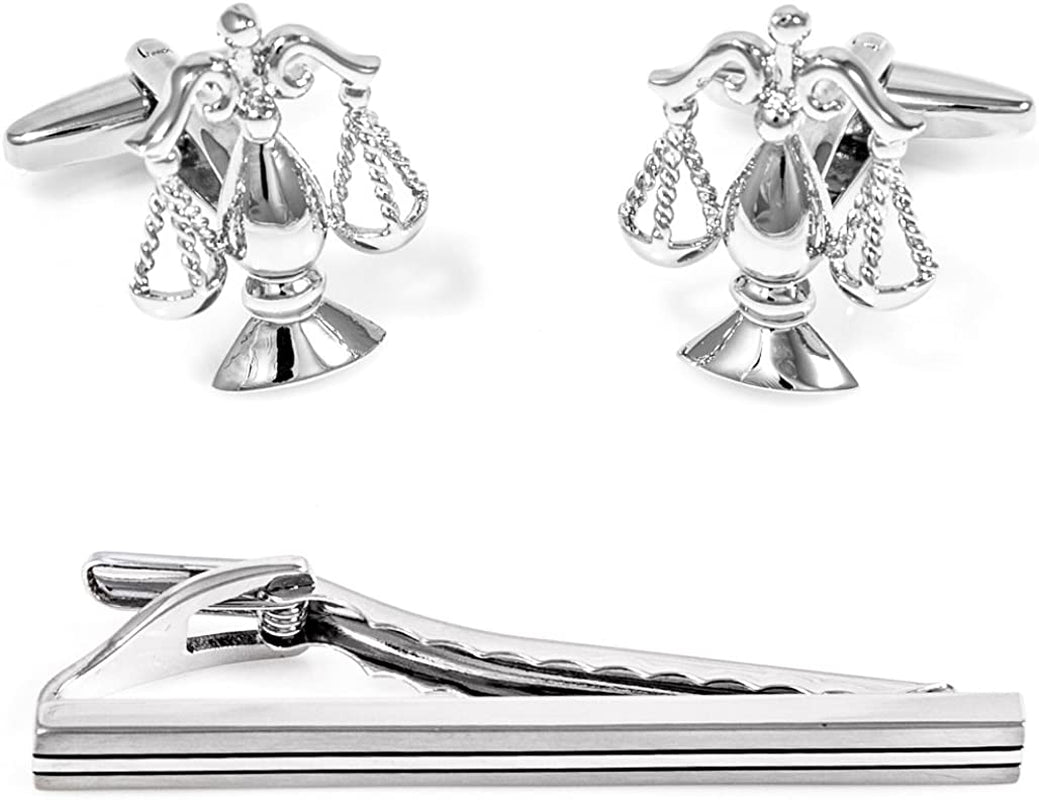 Scales of Justice Attorney Lawyer Judge Law Pair of Cufflinks and Tie Bar Clip with a Presentation Gift Box