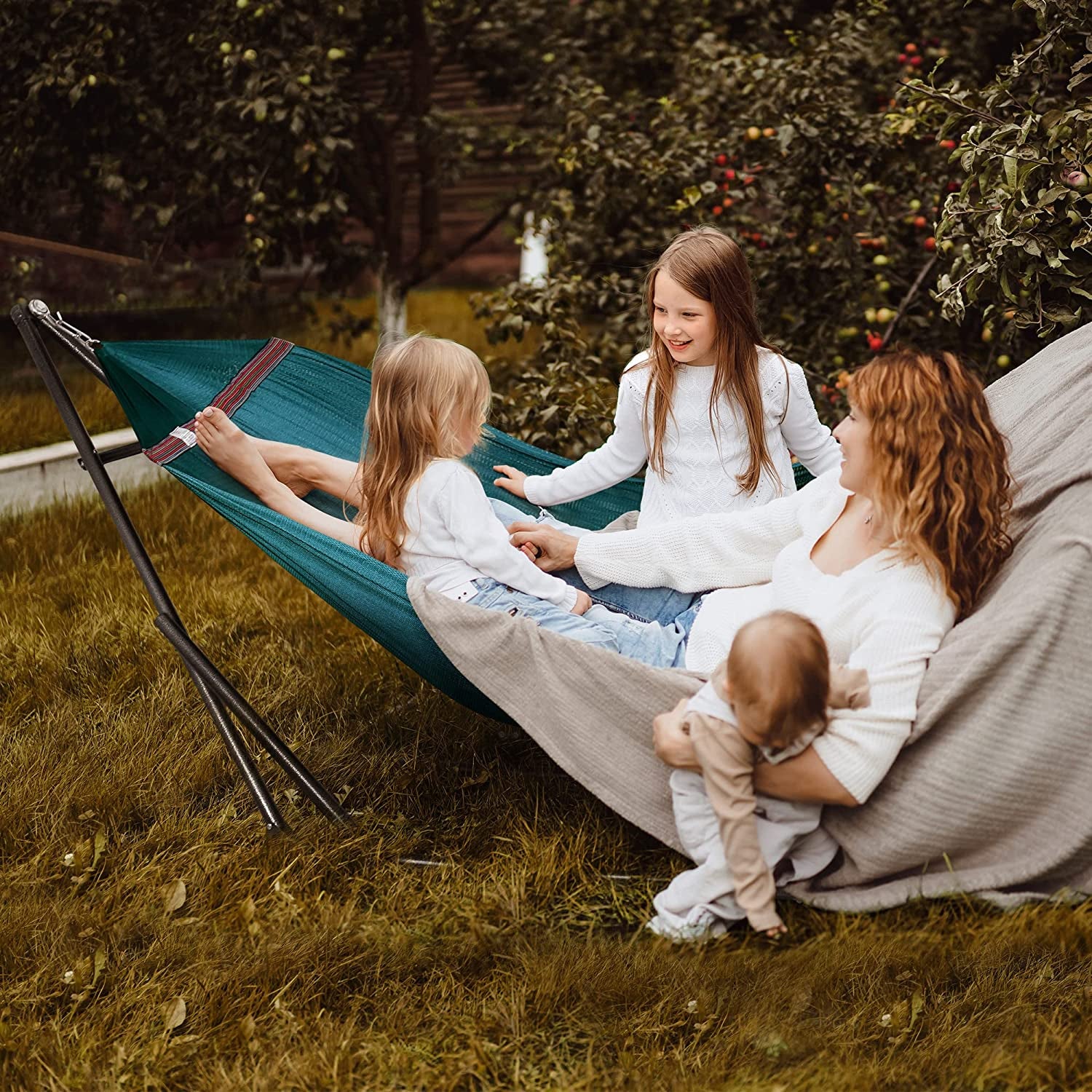 Double Hammock with Stand Included for 2 Persons/ Foldable Hammock Stand 550 Lbs Capacity Portable Case - Inhouse, Outdoor, Camping, Peacock