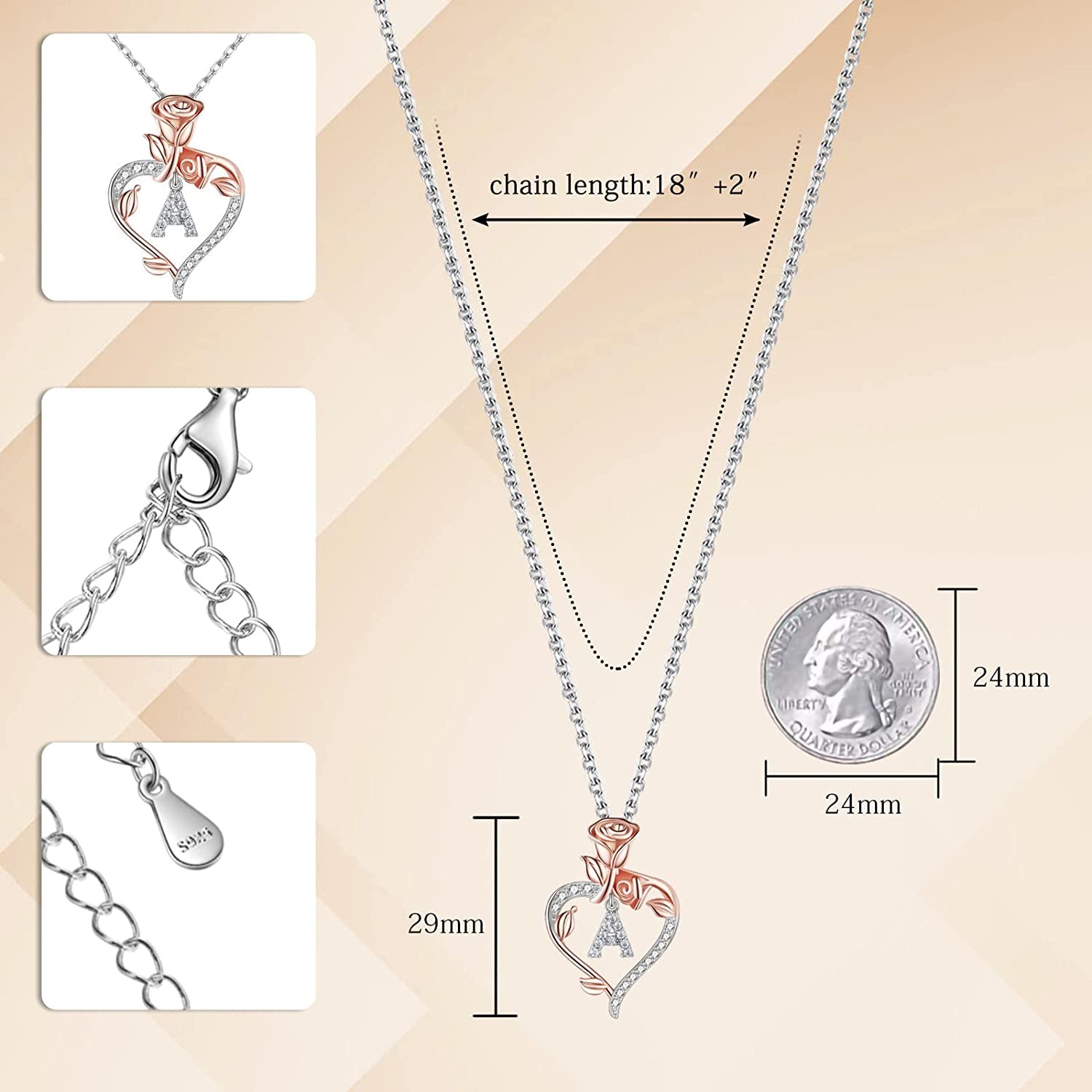 Rose Heart Initial Necklaces Gifts for Women Teen Girls, Rose Love Heart Letter Pendant Necklace Jewelry Mothers Day Valentines Anniversary Birthday Gifts for Her Women Wife Girlfriend Mom