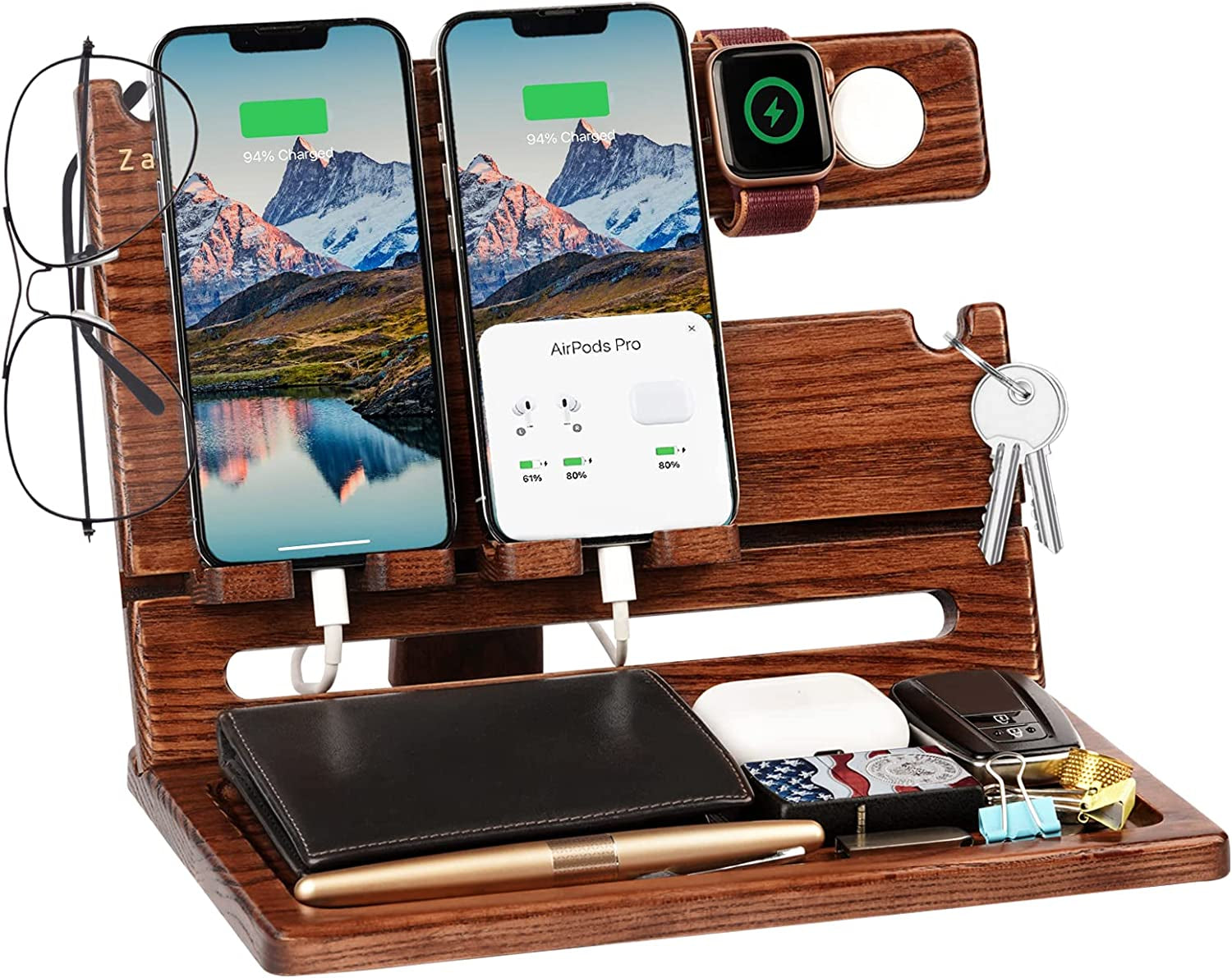 Gifts for Men, Gifts for Husband Boyfriend Him Valentines Day Anniversary from Wife Girlfriend, Ash Wood Phone Docking Station Nightstand Organizer, Dad Birthday Gifts Ideas from Daughter Son
