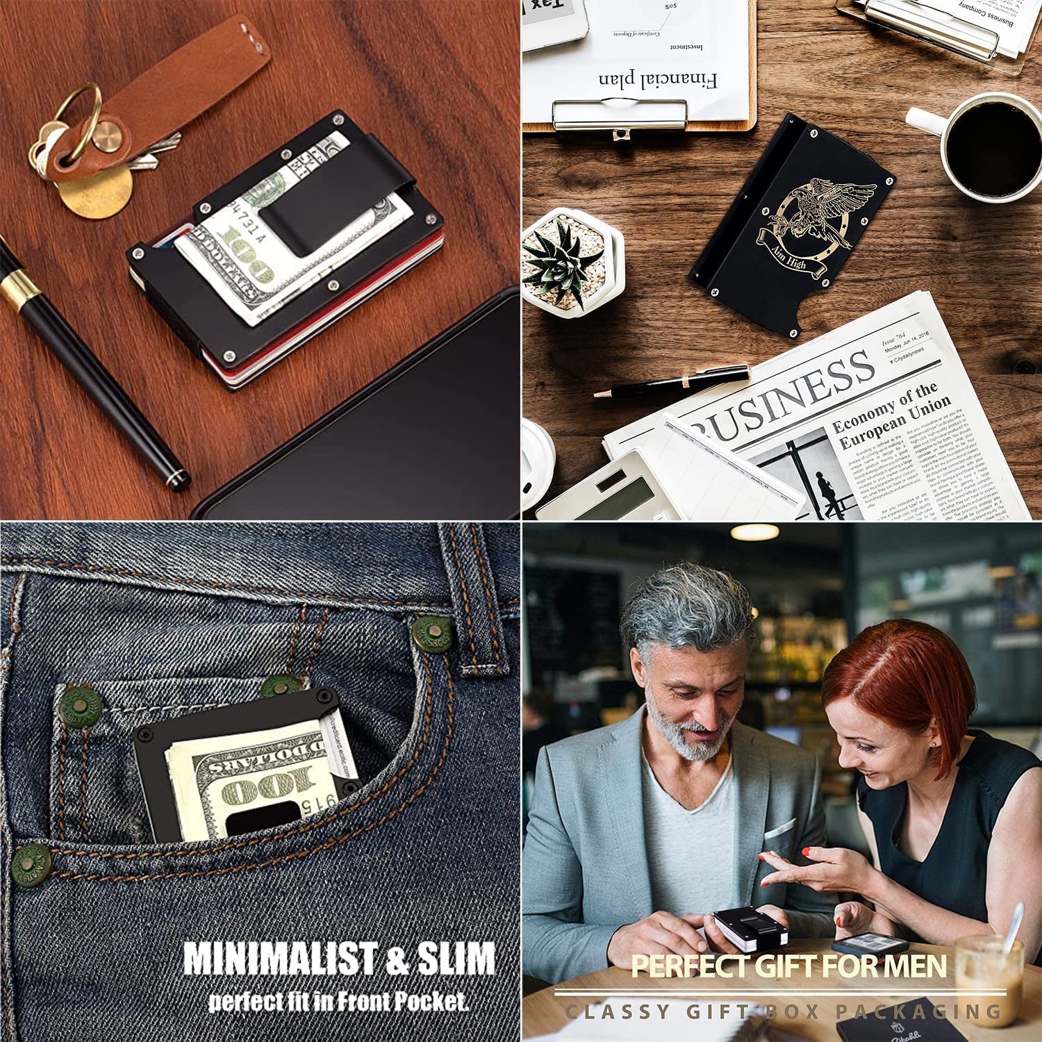 Aluminum Pocket Wallet Slim RFID Front Minimalist Metal Money Clip Blocking Credit Card Case for Men