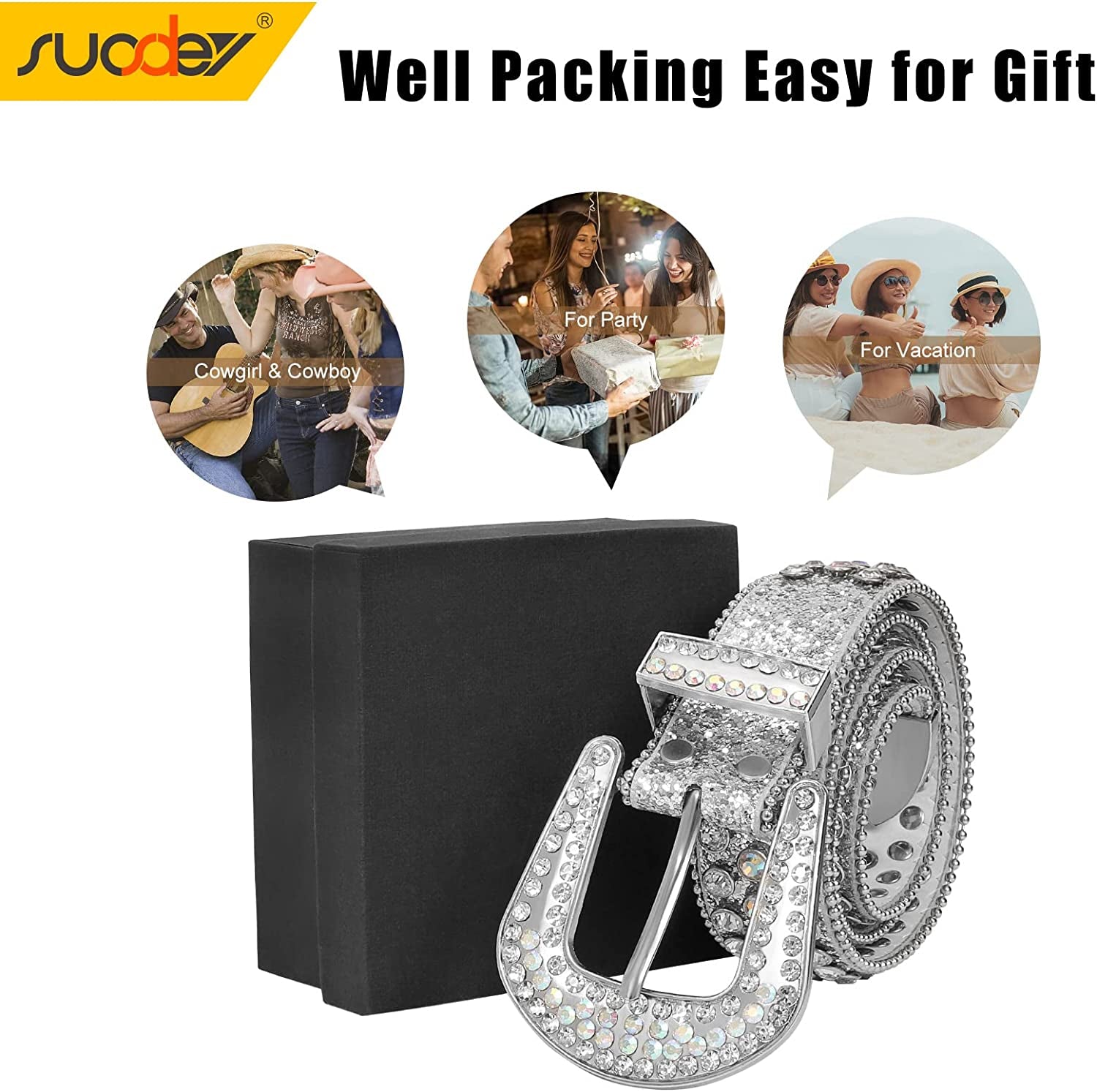 Men Women Fashion Rhinestone Belt Western Cowgirl Bling Studded Design Leather Diamond Belt for Jeans Dress