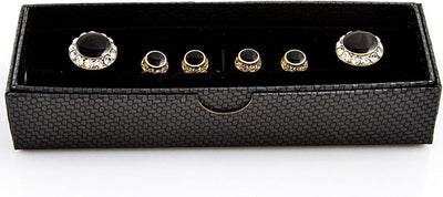 Black Onyx round Crystal Tuxedo Cufflinks & Studs Set in a Presentation Gift Box & Polishing Cloth