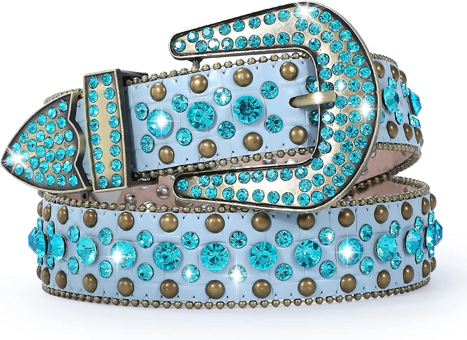 Women Rhinestone Belt for Jeans, Men Western Cowgirl Bling Studded Belt Faux Crocodile Grain Leather