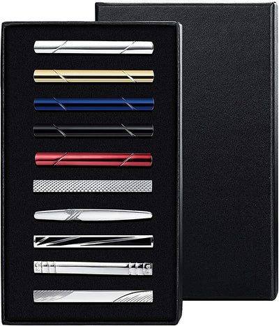 9-10 Pcs Tie Clips for Men Tie Bar Clip and Cufflink Set for Regular Ties Black Gold Red Navy Blue Silver American Flag Necktie Wedding Business Clips with Gift Box
