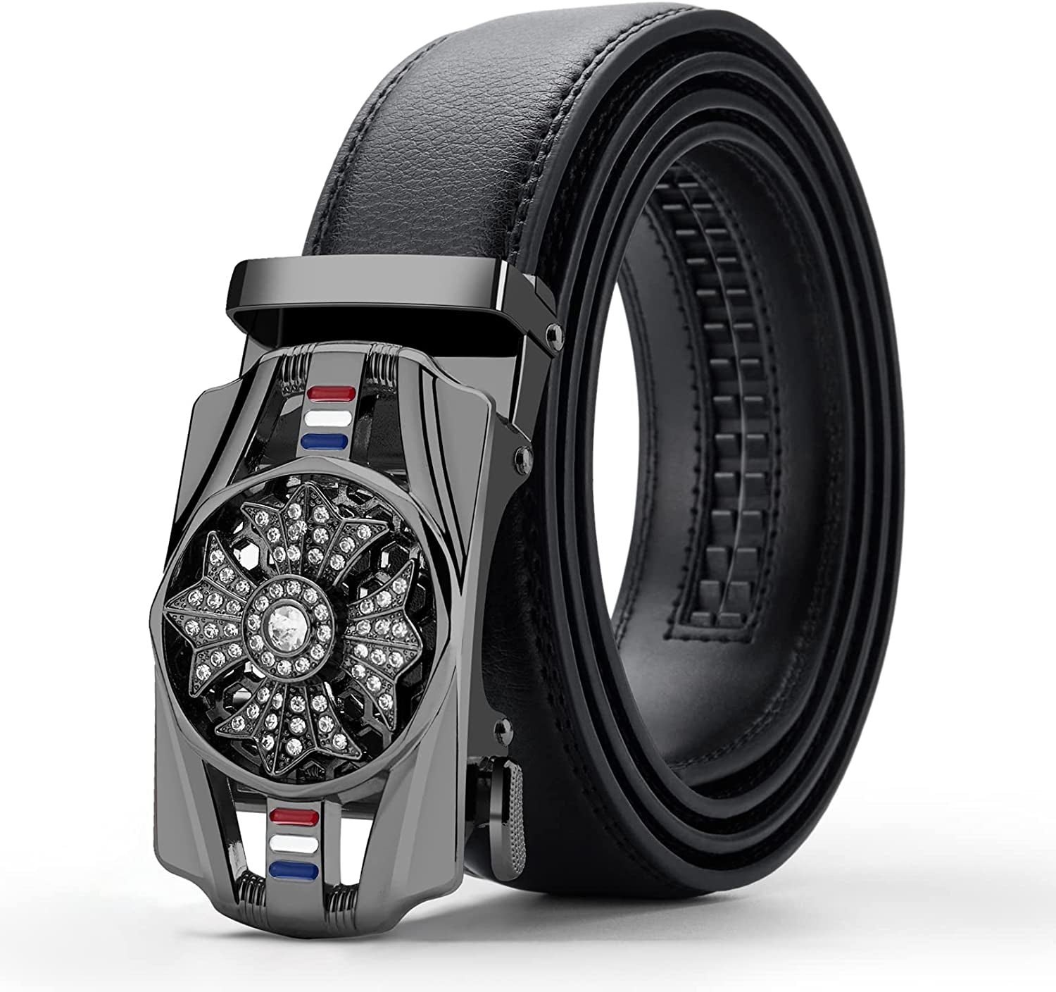 Black Belt Men,  Mens Leather Belts Slide Ratchet Belt Buckle Dress Casual Fashion Belt for Jeans Pants