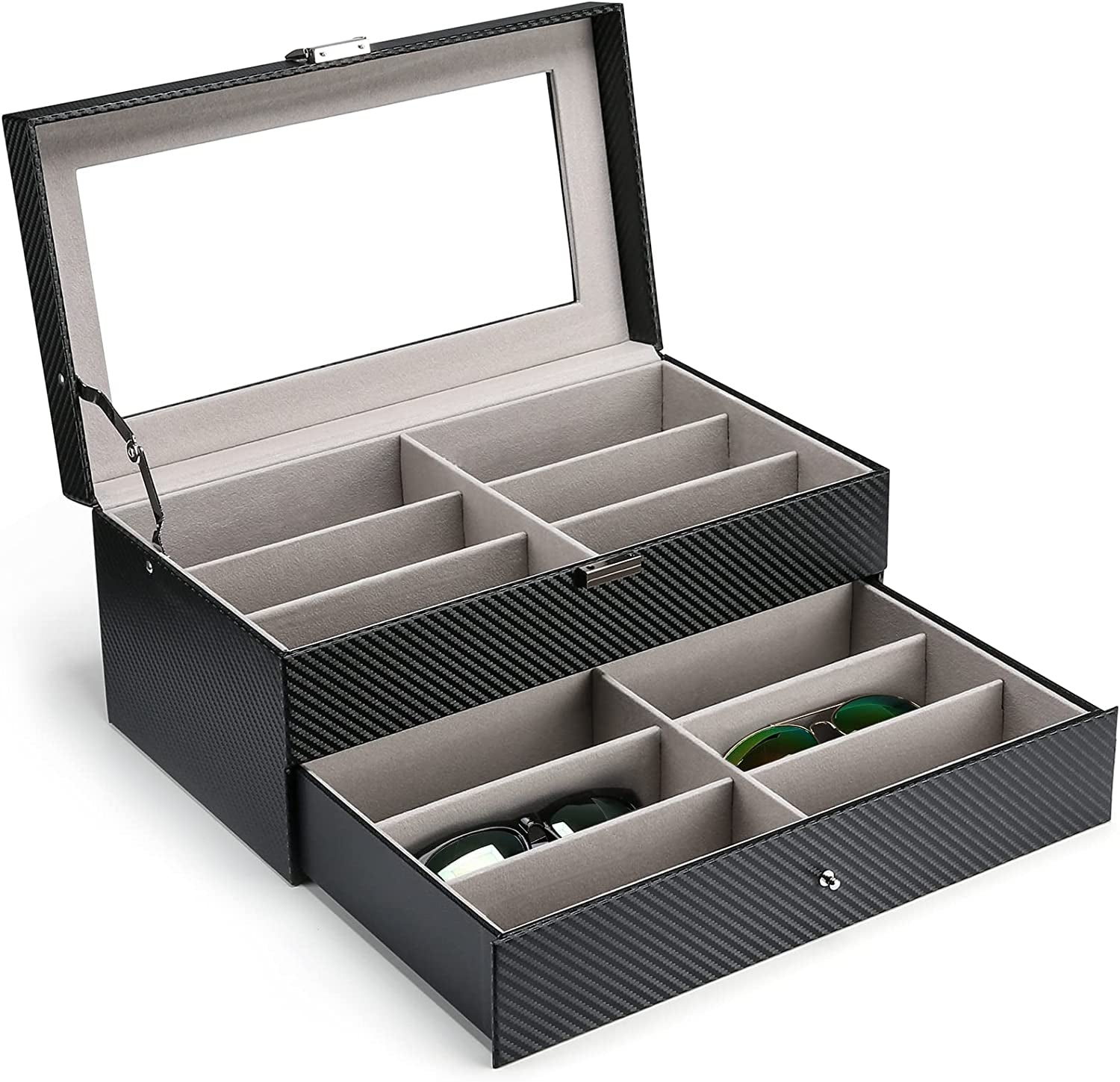 Sunglass Organizer Multiple Glasses Organizer for Women Men, Multi Sunglasses Eyeglass Eyewear Display Case, 12 Slots Leather Glasses Holder Storage Box with Drawer Glass Lid -Black