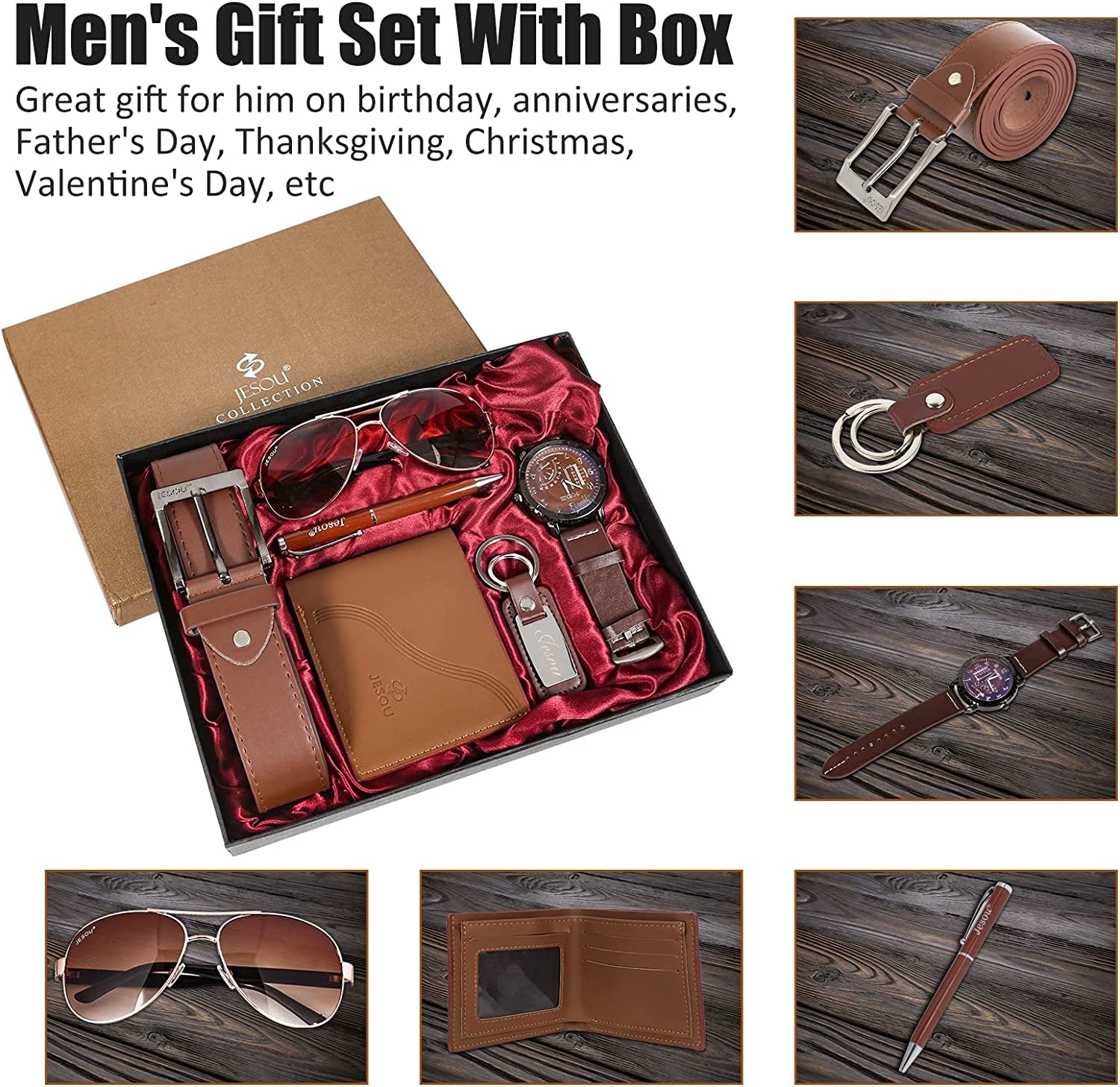 6Pcs Men'S Gift Set with Box Brown Leather Belt Wallet Watch Glasses Keychain Ballpoint Pen Business Birthday Gifts for Men