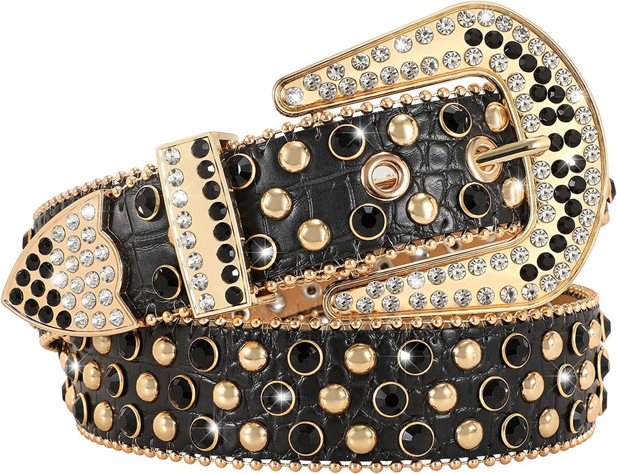 Women Rhinestone Belt for Jeans, Men Western Cowgirl Bling Studded Belt Faux Crocodile Grain Leather