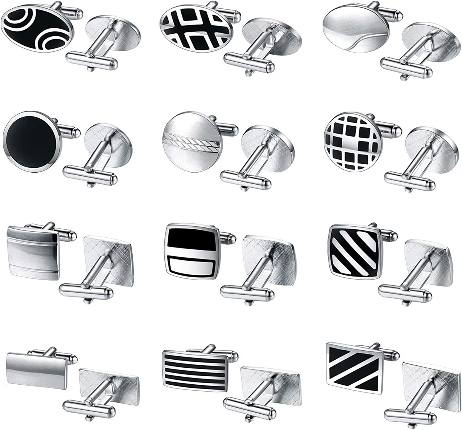 12 Pairs Cufflinks Two Tone Classy Stylish Men Black Silvertone Cuff Links Elegant Set Gift Box