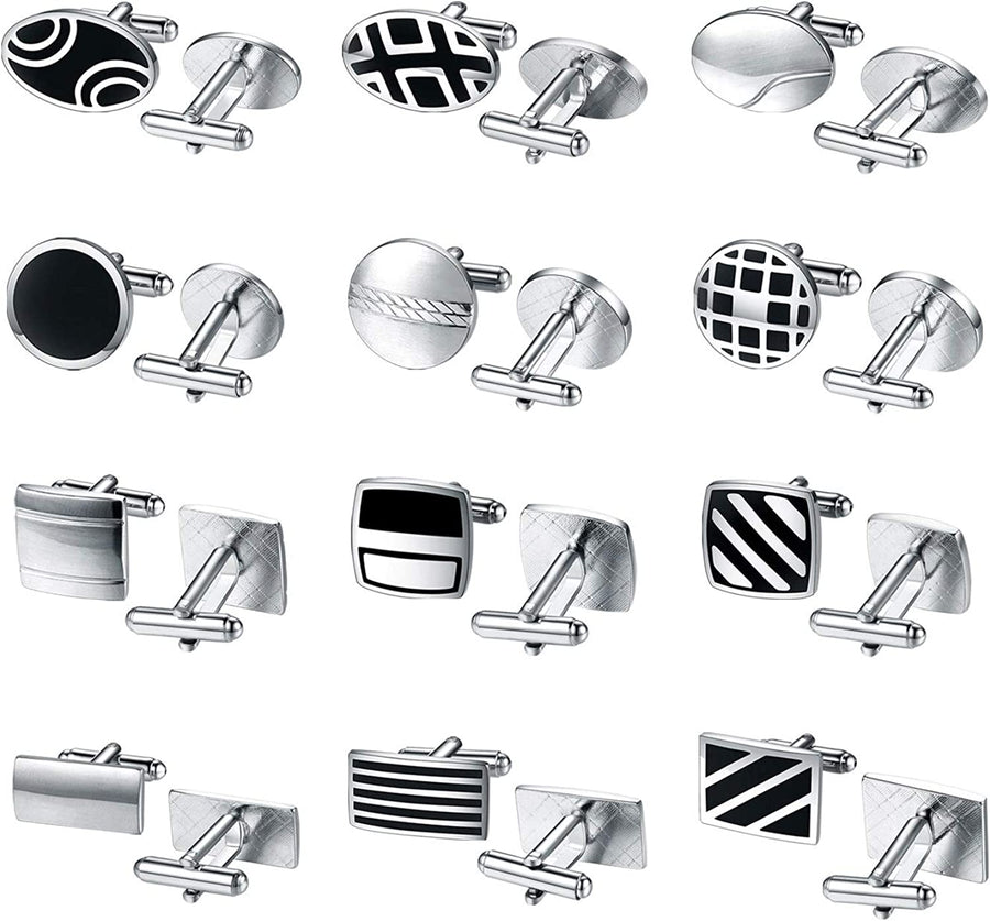 12 Pairs Cufflinks Two Tone Classy Stylish Men Black Silvertone Cuff Links Elegant Set Gift Box