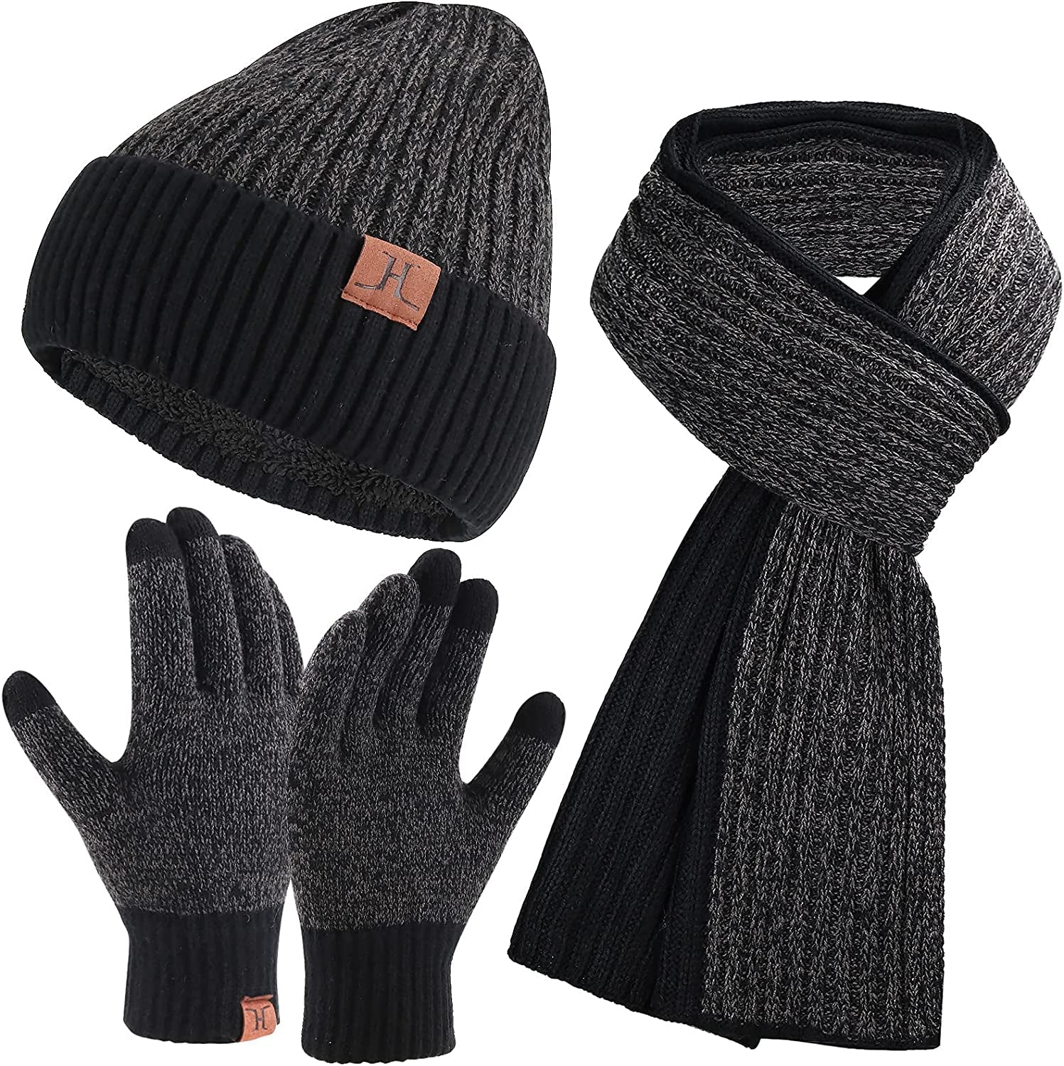 Men & Women Winter Knit Hat Beanie Long Scarf Touchscreen Gloves Set Skull Cap Neck Warmer Gloves Set with Fleece Lined