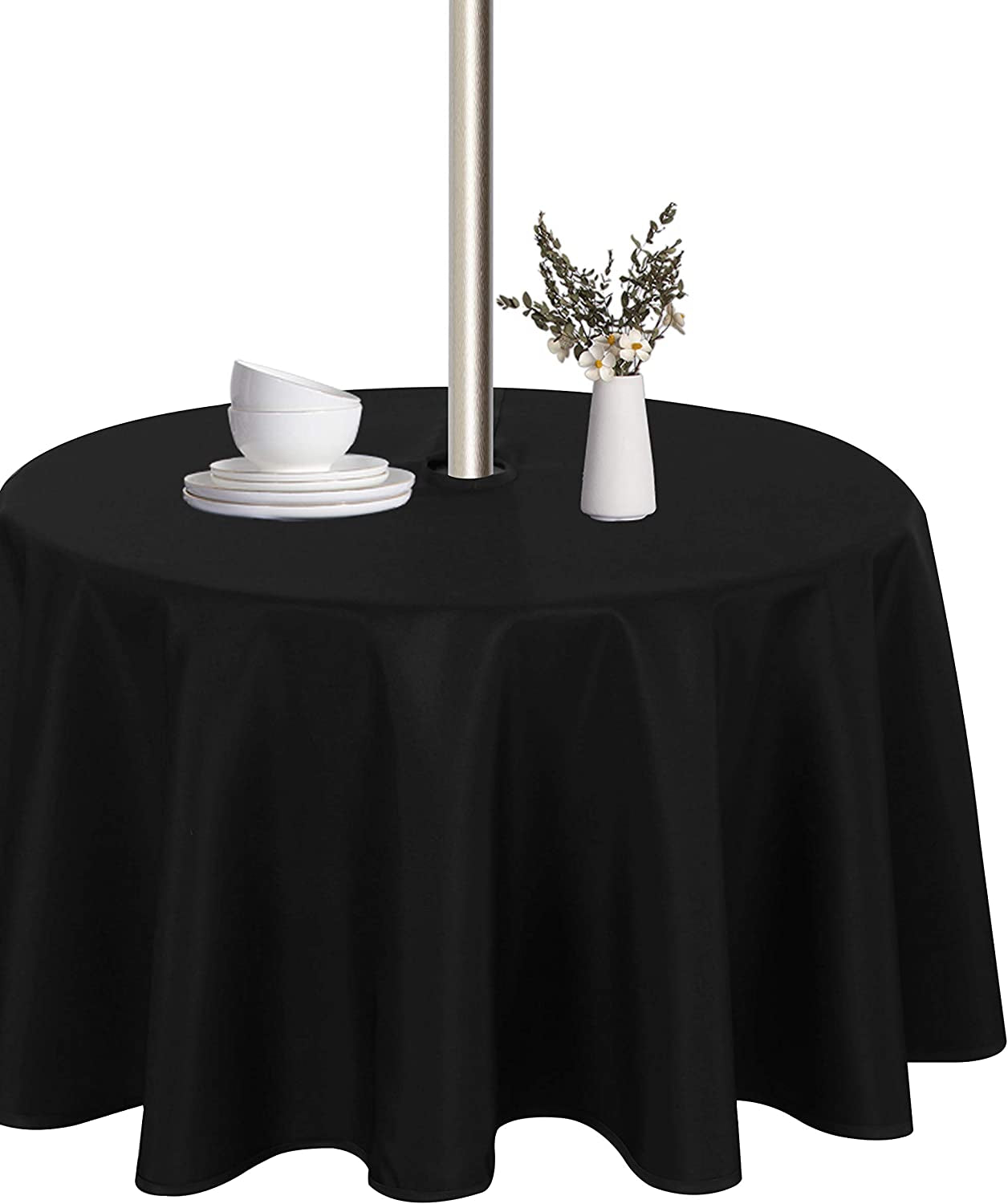 Outdoor and Indoor Tablecloth - Washable Waterproof Wrinkle Free Table Cloth with Zipper and Umbrella Hole for Spring/ Summer/ Party/ Picnic/ BBQS/ Patio (Round 60 Inch, Grey)