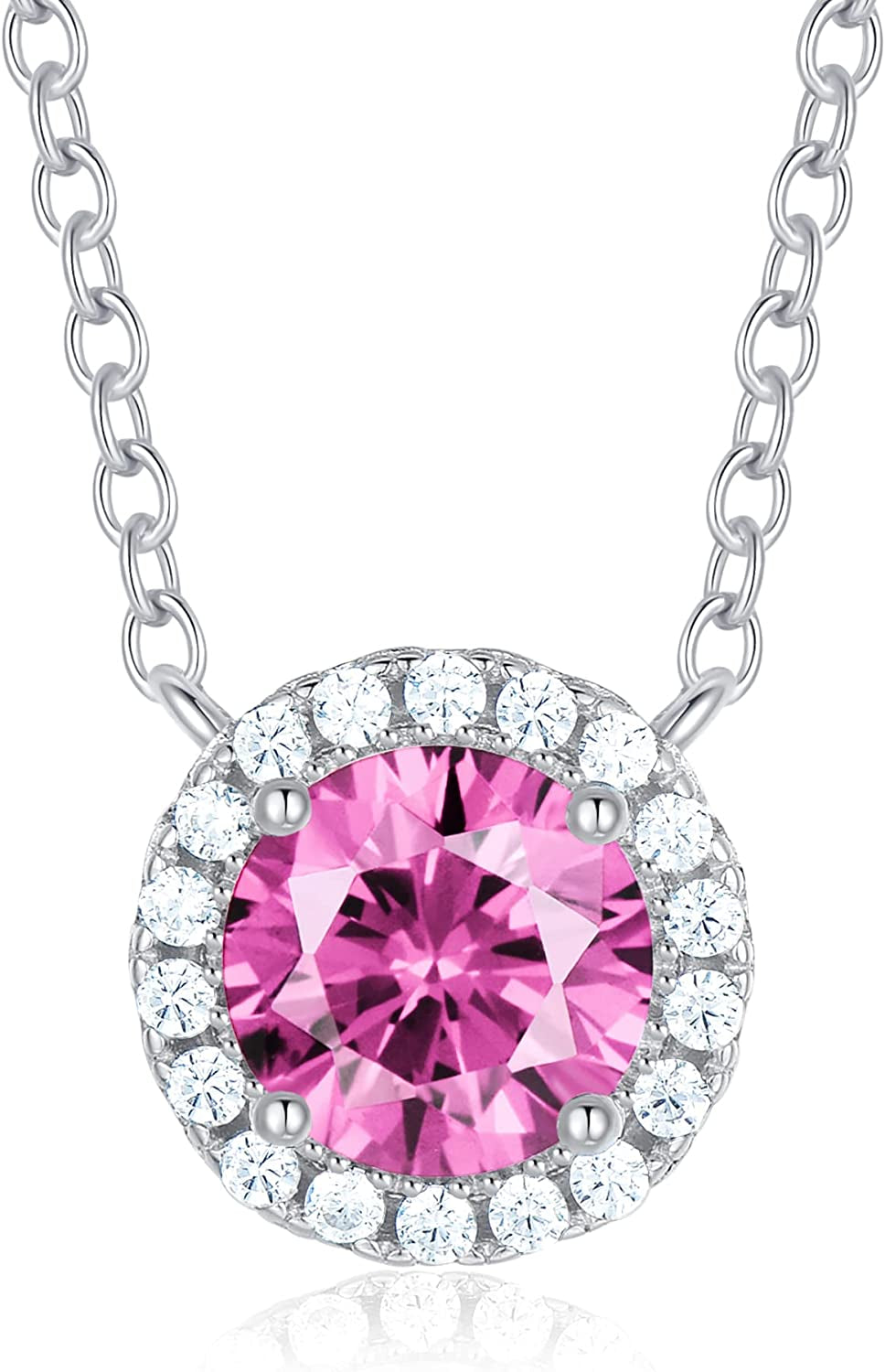 925 Sterling Silver Birthstone round Solitaire Pendant Dainty Halo Necklaces for Women, Anniversary Valentine'S Day Birthday Mother'S Jewelry Gifts for Girls Women Wife Mom Girlfriend