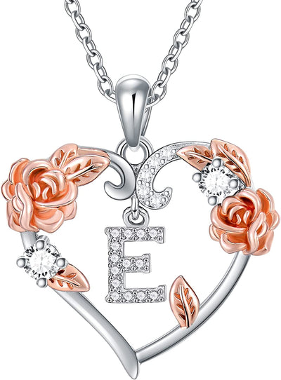 Rose Heart Necklaces Gifts for Women, 925 Sterling Silver Rose Love Heart Initial Letter Pendant Necklace Jewelry Mothers Day Valentines Christmas Birthday Gifts for Her Mom Wife Girlfriend