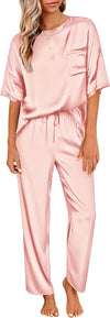 Women'S Satin Silky Pajama Set Short Sleeve T-Shirt with Long Pajama Pant Set Soft PJ Loungewear