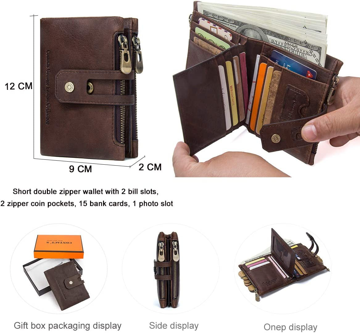 Wallet for Men- Men Leather Wallet,Trifold Wallet RFID Blocking Zipper Pocket Coin Credit Card Holder Purse with ID Window