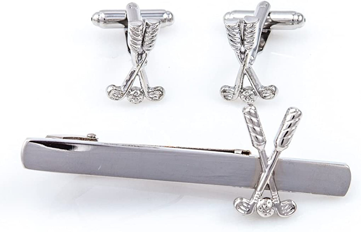 Golf Ball & Clubs Pair of Cufflinks & Tie Bar Clip in a Presentation Gift Box