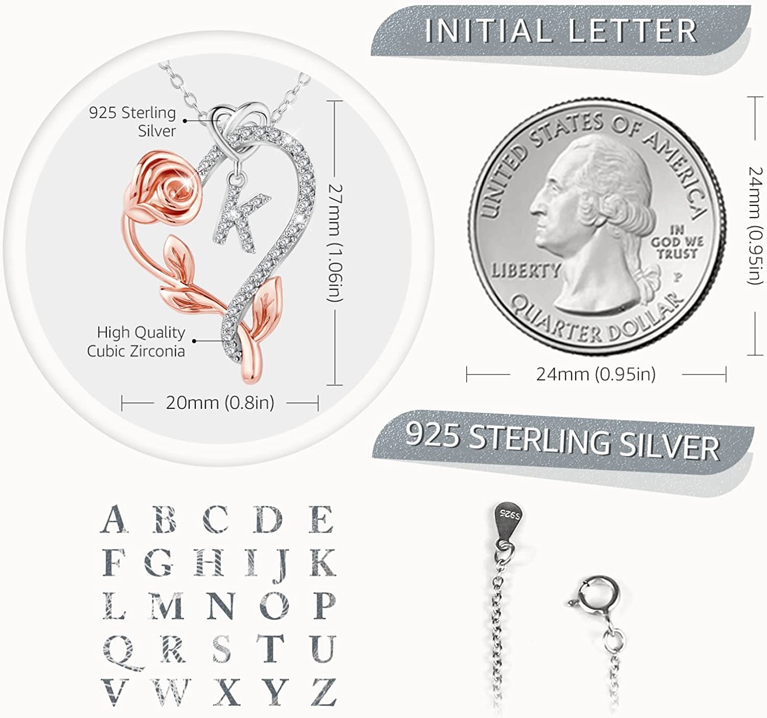 Initial Necklaces for Women-925 Sterling Silver Rose Heart Letter Pendant Necklace with 5A Cubic Zirconia Dainty Jewelry Birthday Valentines Gifts for Daughter Wife Mum