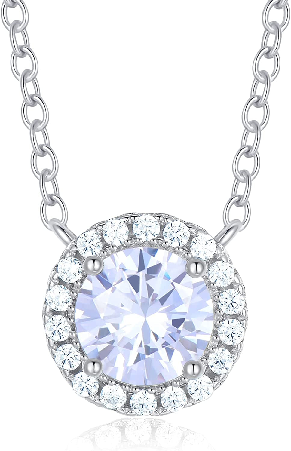 925 Sterling Silver Birthstone round Solitaire Pendant Dainty Halo Necklaces for Women, Anniversary Valentine'S Day Birthday Mother'S Jewelry Gifts for Girls Women Wife Mom Girlfriend