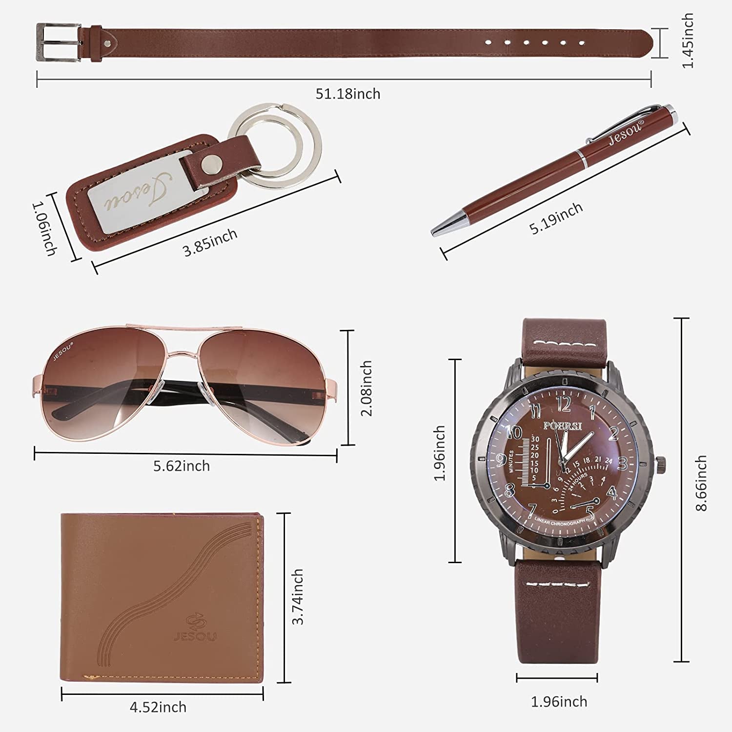 6Pcs Men'S Gift Set with Box Brown Leather Belt Wallet Watch Glasses Keychain Ballpoint Pen Business Birthday Gifts for Men