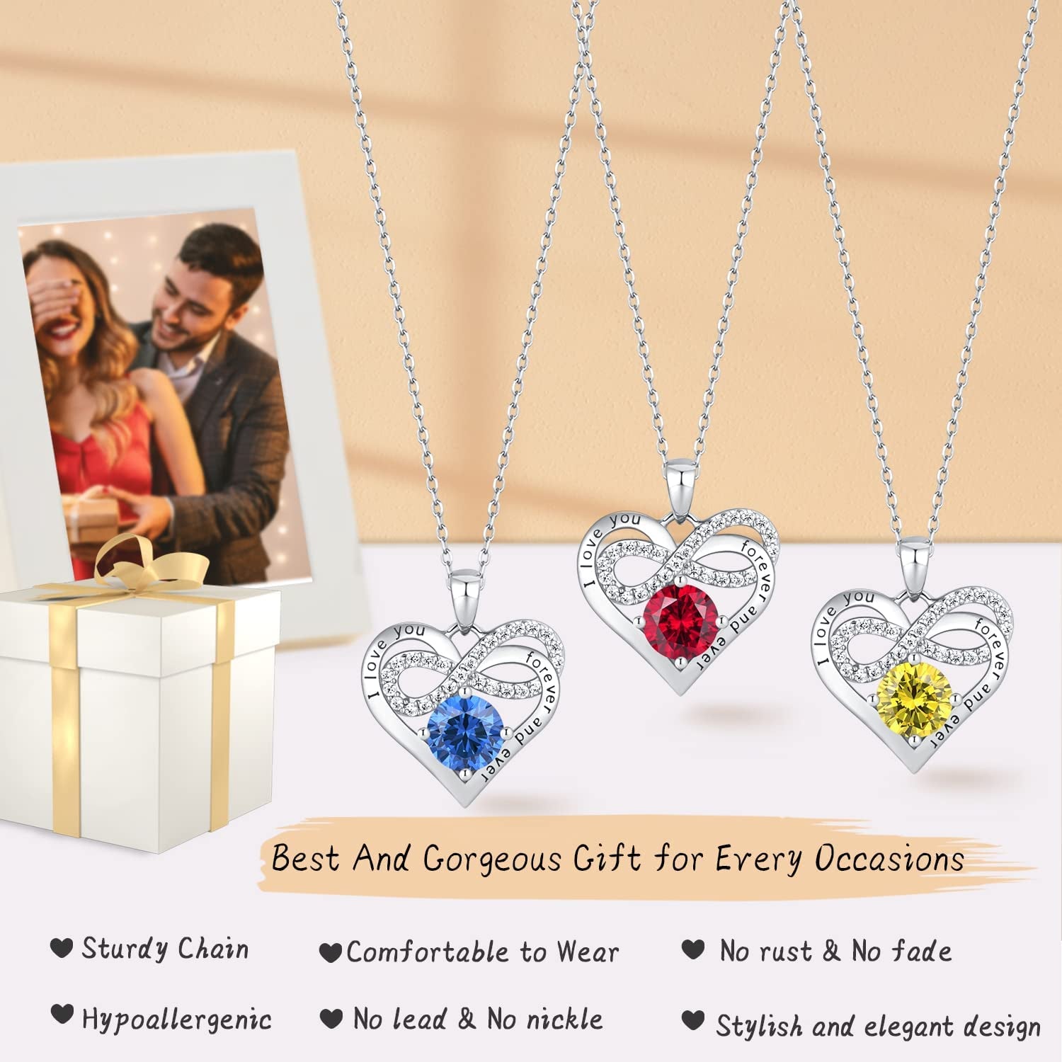 Infinity Heart Necklaces for Women Girls - 925 Sterling Silver Rose Gold Chain with 2 Carat (8MM) CZ Diamond, Christmas Valentines Day Birthday Wedding Jewelry Gifts for Women Wife Girls Her