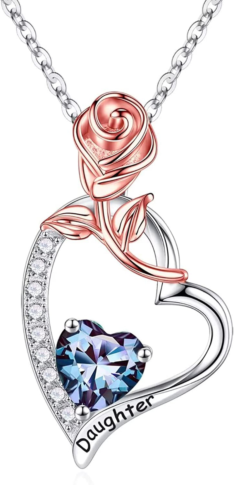 Daughter Gifts Rose Heart Birthstone Necklace, 925 Sterling Silver Natural or Created Gemstone Pendant Necklace Valentines Mothers Day Gifts for Daughter Birthday Christmas Gifts for Daughter from Mom