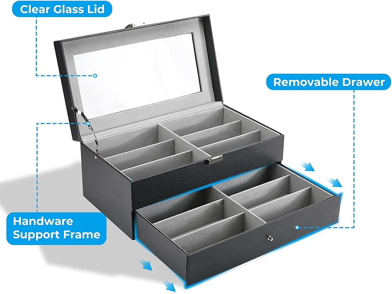 Sunglass Organizer Multiple Glasses Organizer for Women Men, Multi Sunglasses Eyeglass Eyewear Display Case, 12 Slots Leather Glasses Holder Storage Box with Drawer Glass Lid -Black