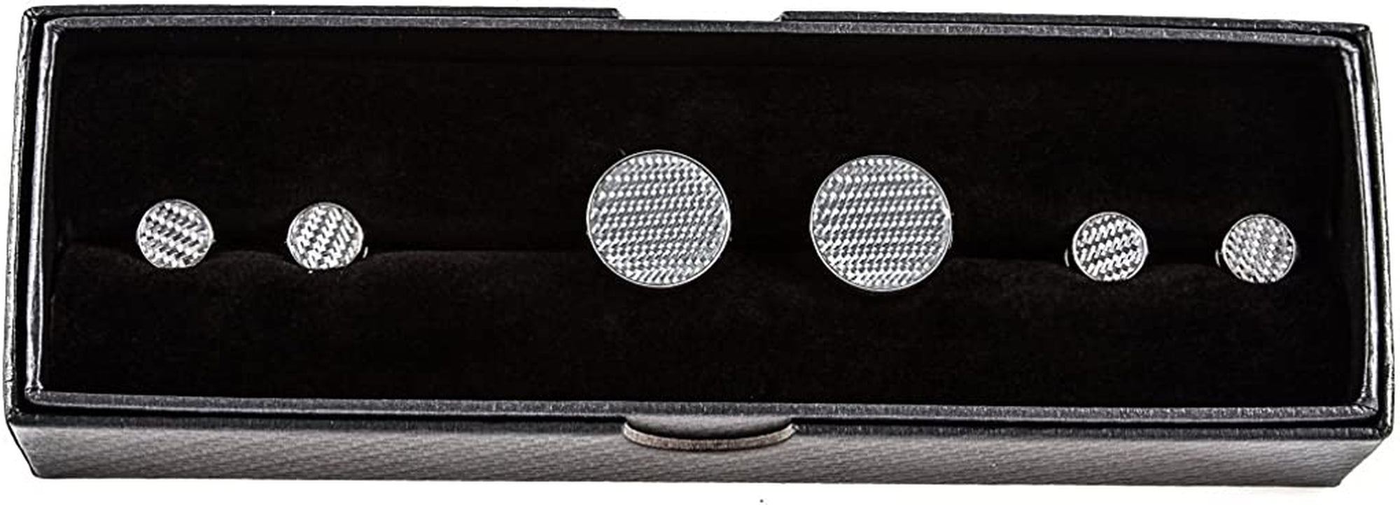 Carbon Fiber Grey Gray Silver Cufflinks and Studs Tuxedo Set in a Presentation Gift Box & Polishing Cloth