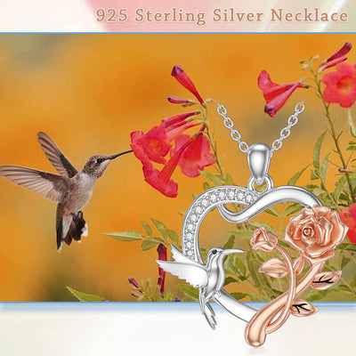 0.05 Carat Diamond Hummingbird Necklace for Women with Rose Flower Sterling Silver Heart Pendant Necklaces D Color Diamonds Hummingbirds Gifts for Christmas Birthday Mother'S Day Valentine'S Day