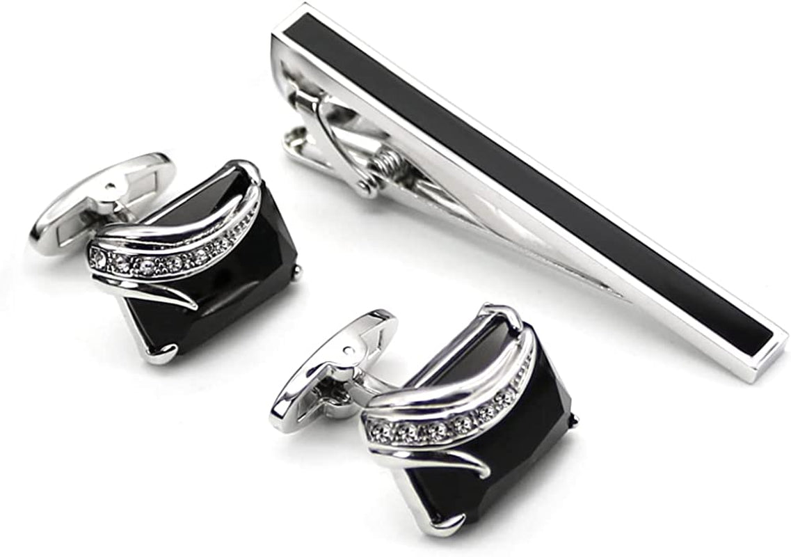 Black Cufflinks and Tie Clip Set with Gift Box Wedding Party Business Meeting Mens Cufflinks Give Father’S Day Valentine’S Day or Men Birthday Gift