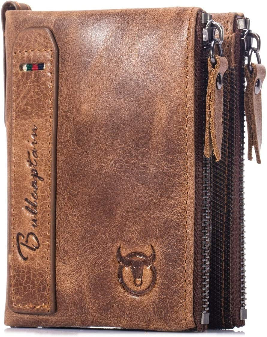 Genuine Leather Wallet for Men Vintage Bifold with Double Zipper Pockets (Brown)