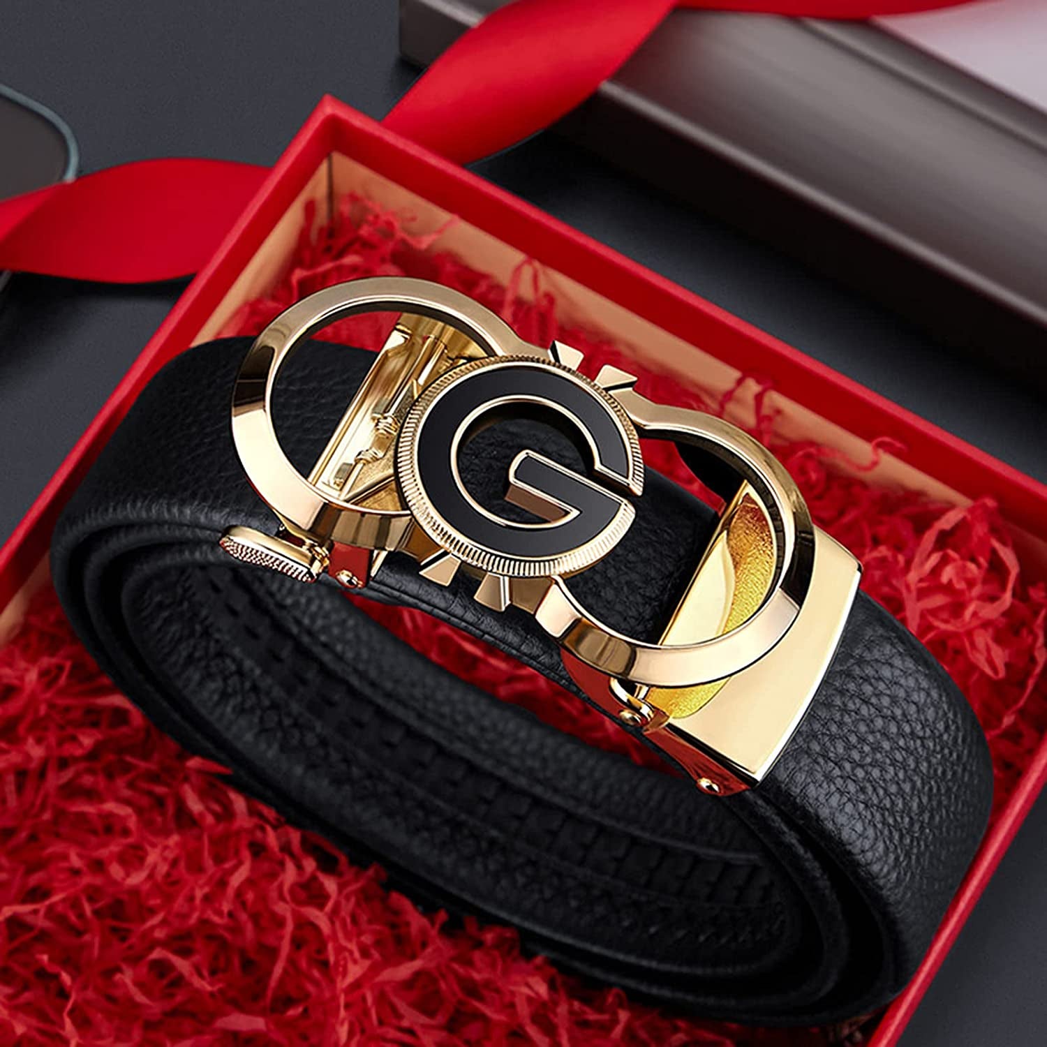 Leather Ratchet Belts for Men Automatic Buckle Casual Work Dress Belt with Gift Box