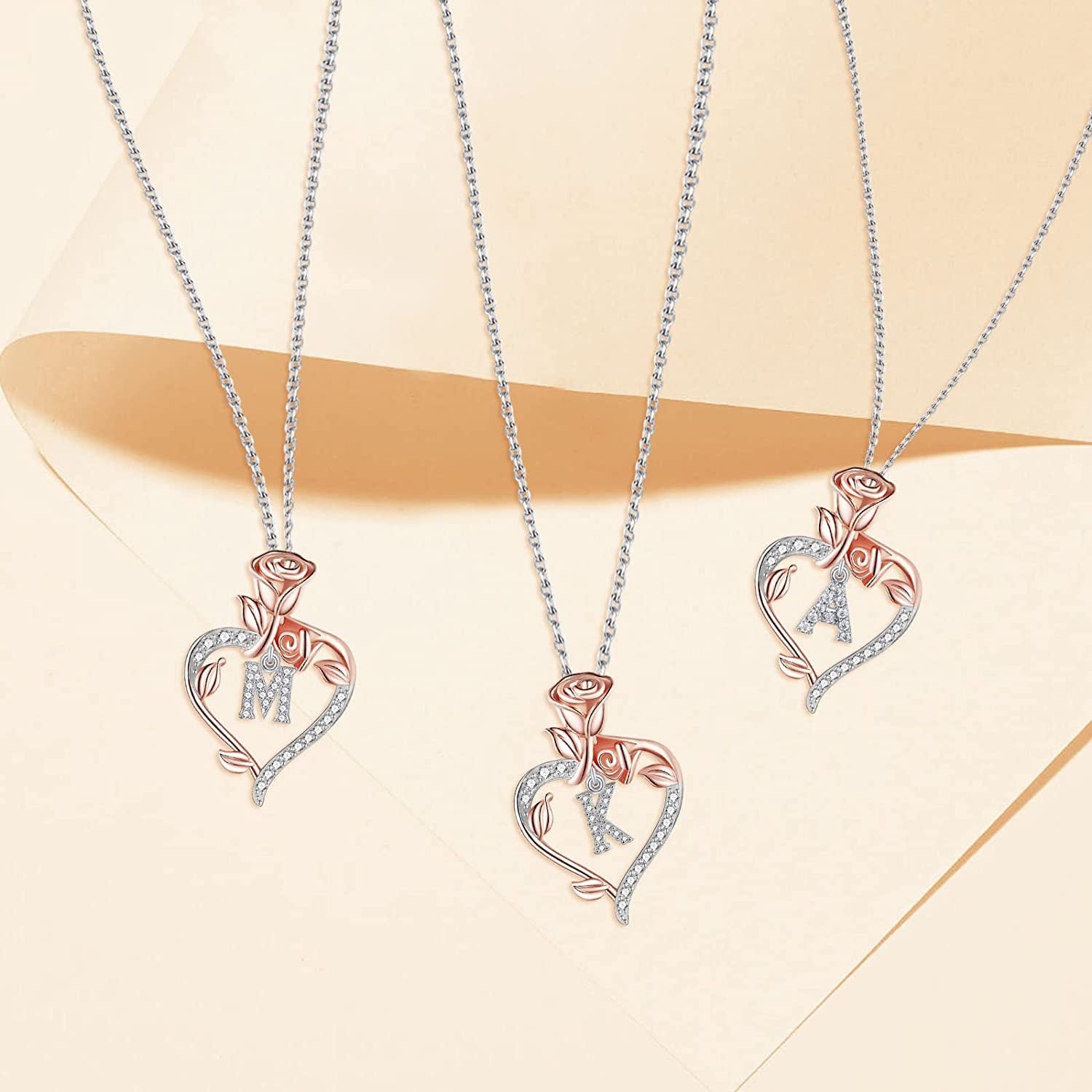 Rose Heart Initial Necklaces Gifts for Women Teen Girls, Rose Love Heart Letter Pendant Necklace Jewelry Mothers Day Valentines Anniversary Birthday Gifts for Her Women Wife Girlfriend Mom