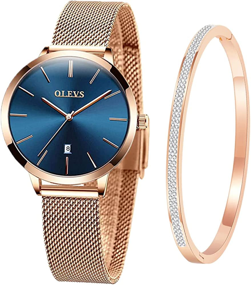 Women'S Rose Gold Watches Ultrathin Japanese Quartz Movement Girls Ladies Wristwatch Big Face Waterproof Mesh Belt Watch and Bracelet Set Valentines Day Gift