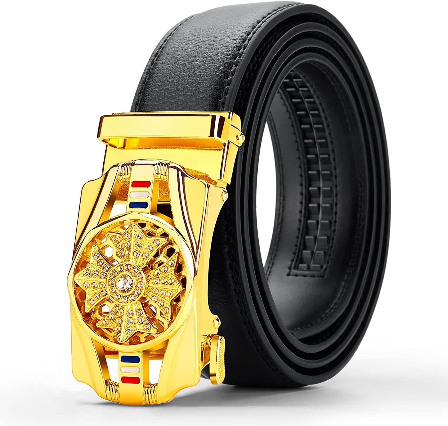 Black Belt Men,  Mens Leather Belts Slide Ratchet Belt Buckle Dress Casual Fashion Belt for Jeans Pants