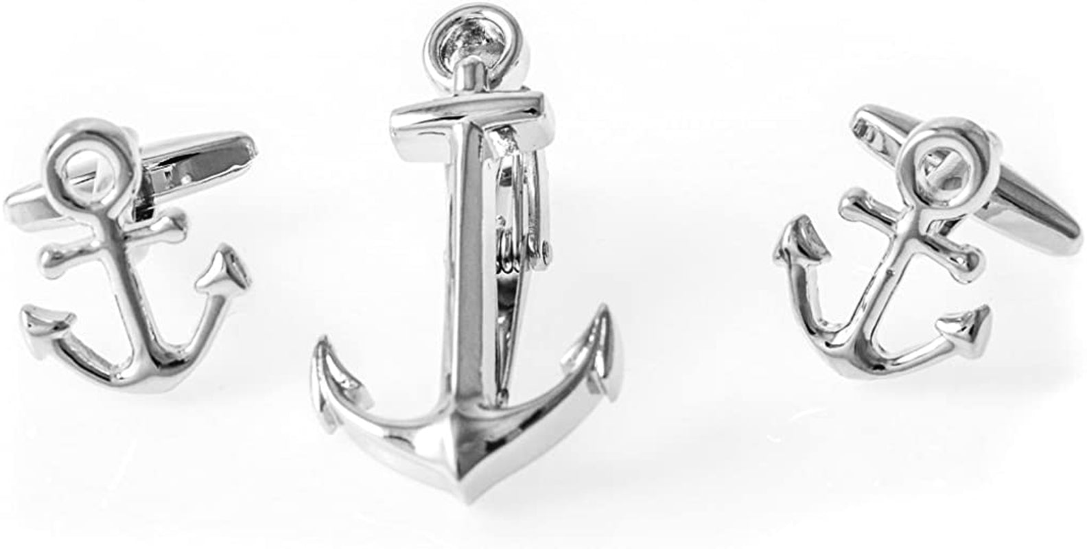 Anchor Pair of Cufflinks & Tie Bar Clip with Presentation Gift Box and Polishing Cloth