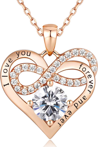 Infinity Heart Necklaces for Women Girls - 925 Sterling Silver Rose Gold Chain with 2 Carat (8MM) CZ Diamond, Christmas Valentines Day Birthday Wedding Jewelry Gifts for Women Wife Girls Her