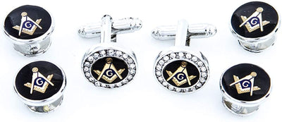 Freemason Masonic Mason Crystal Silver Tone Cufflinks and Studs Tuxedo Set in a Presentation Gift Box & Polishing Cloth