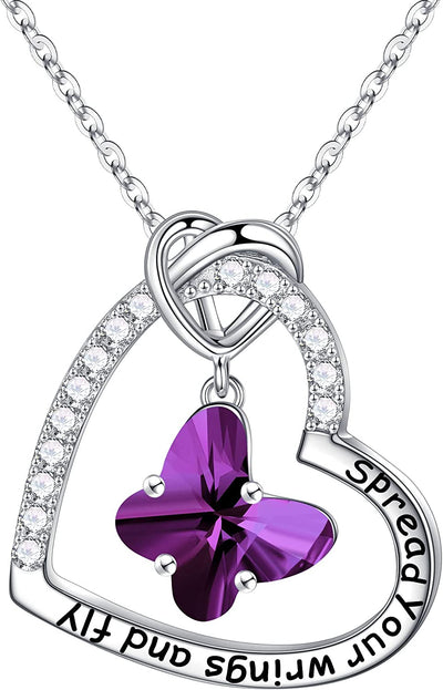 Butterfly Birthstone Crystal Necklace, 925 Sterling Silver Butterfly Jewelry Mothers Valentines Day Gifts Birthday Chirstmas Gifts for Women Teen Girls Daughter