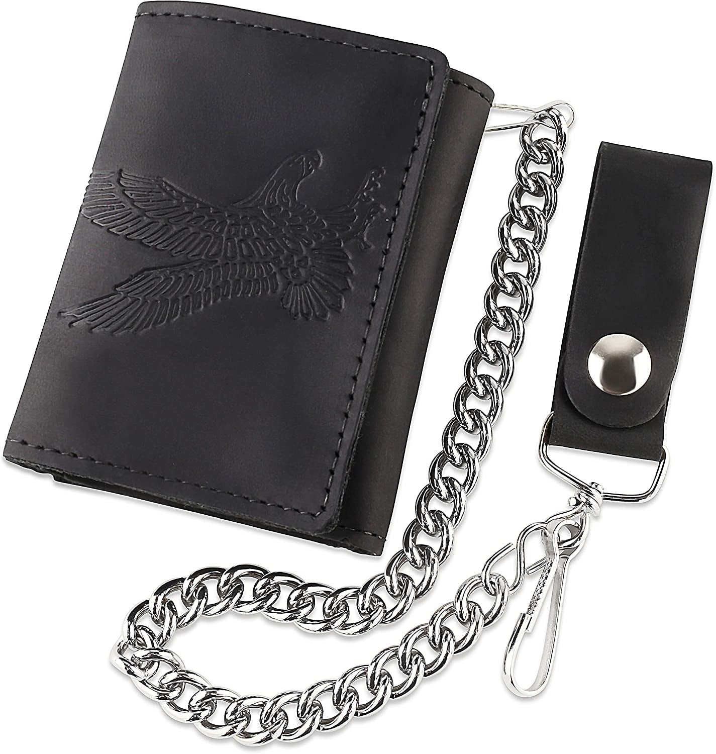 RFID Blocking Men'S Tri-Fold Vintage Biker Cowhide Top Grain Leather Steel Chain Wallet,Snap Closure, Made in Usa,Gl315,Black