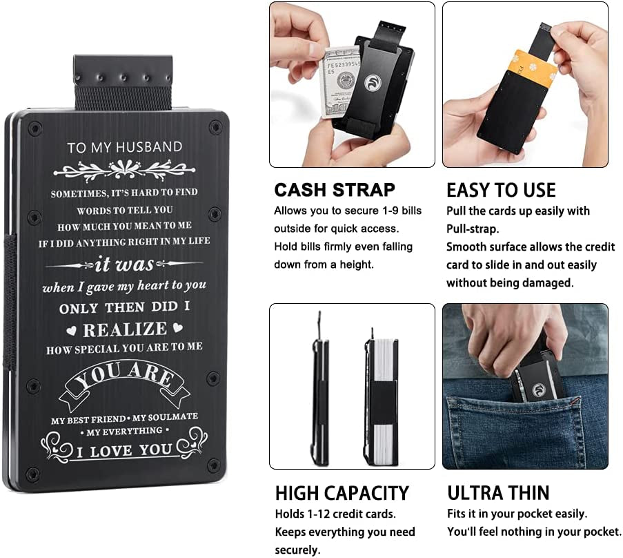 Men Minimalist Engraved Metal Cash Strap Wallet for Husband from Wife | Personalized Valentines Birthday Christmas Gift | Slim Front Pocket RFID Blocking Aluminum EDC Tactical Pull Card Holder