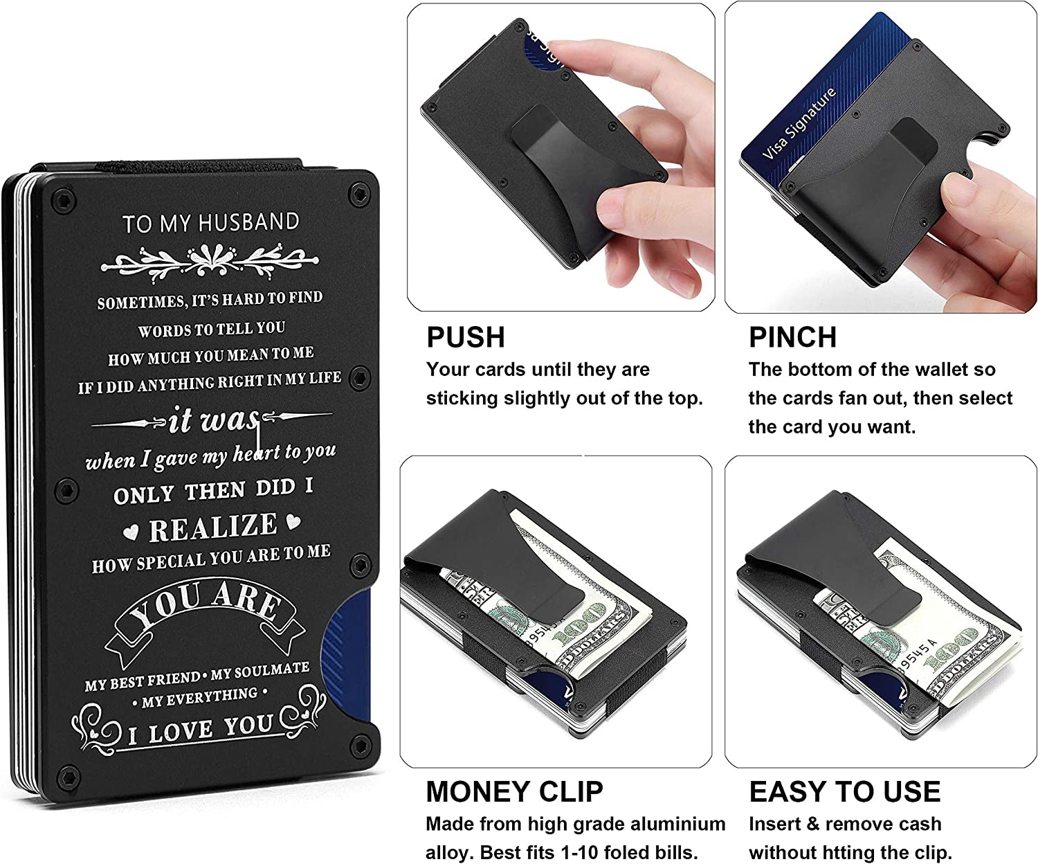 Men Minimalist Metal Wallet with Money Clip for Dad Husband Son Boyfriend - Personalized Front Pocket Aluminum Wallets for Business Travel - RFID Blocking Slim Credit Card Holder