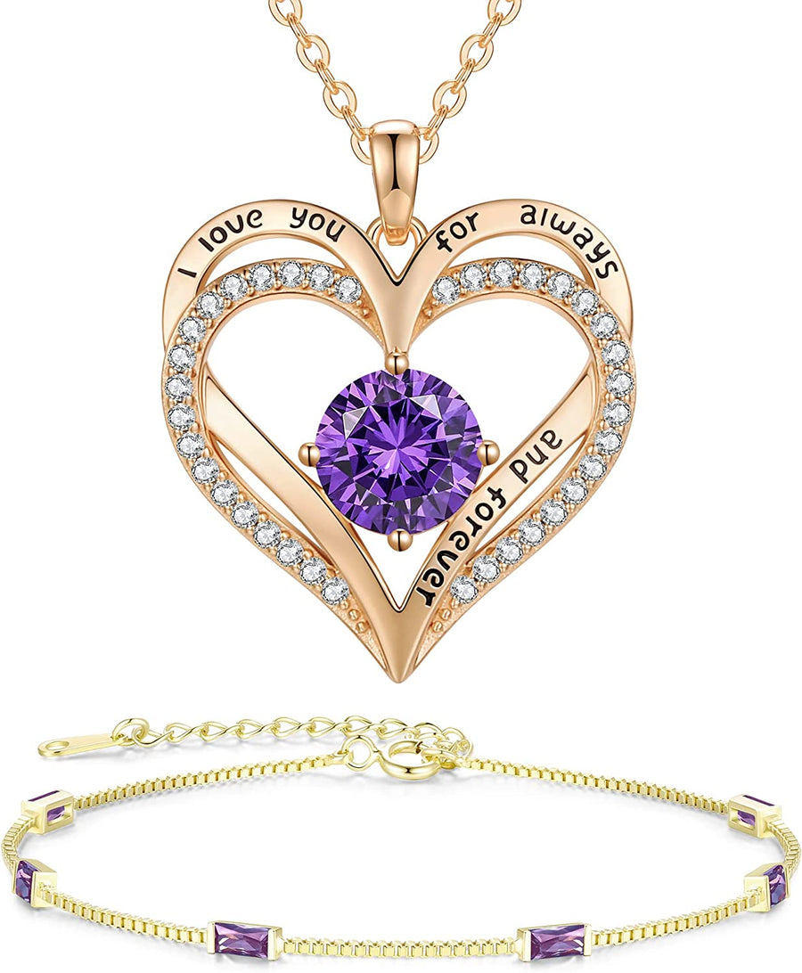 Love Heart Birthstone Necklaces and Bracelet for Women 925 Sterling Silver Forever Diamond Jewelry Valentine'S Day Christmas Anniversary Birthday Gifts for Wife Girlfriend Mother