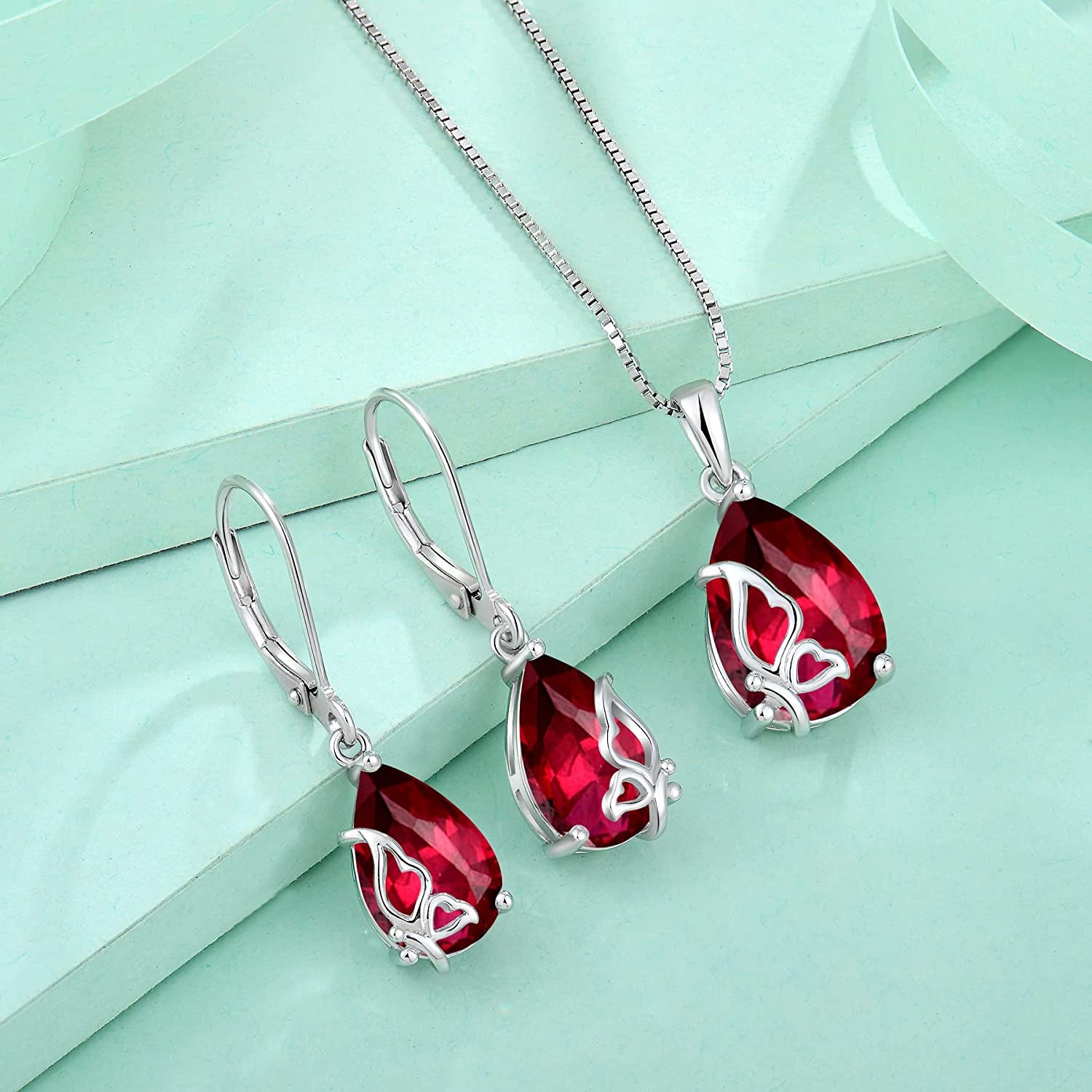 Birthstone Necklace for Women 925 Sterling Silver Butterfly Pendant Necklace with Created Gemstone Birthday Valentines Mothers Day Anniversary Christmas Jewelry Gifts for Mom Wife Girls Her