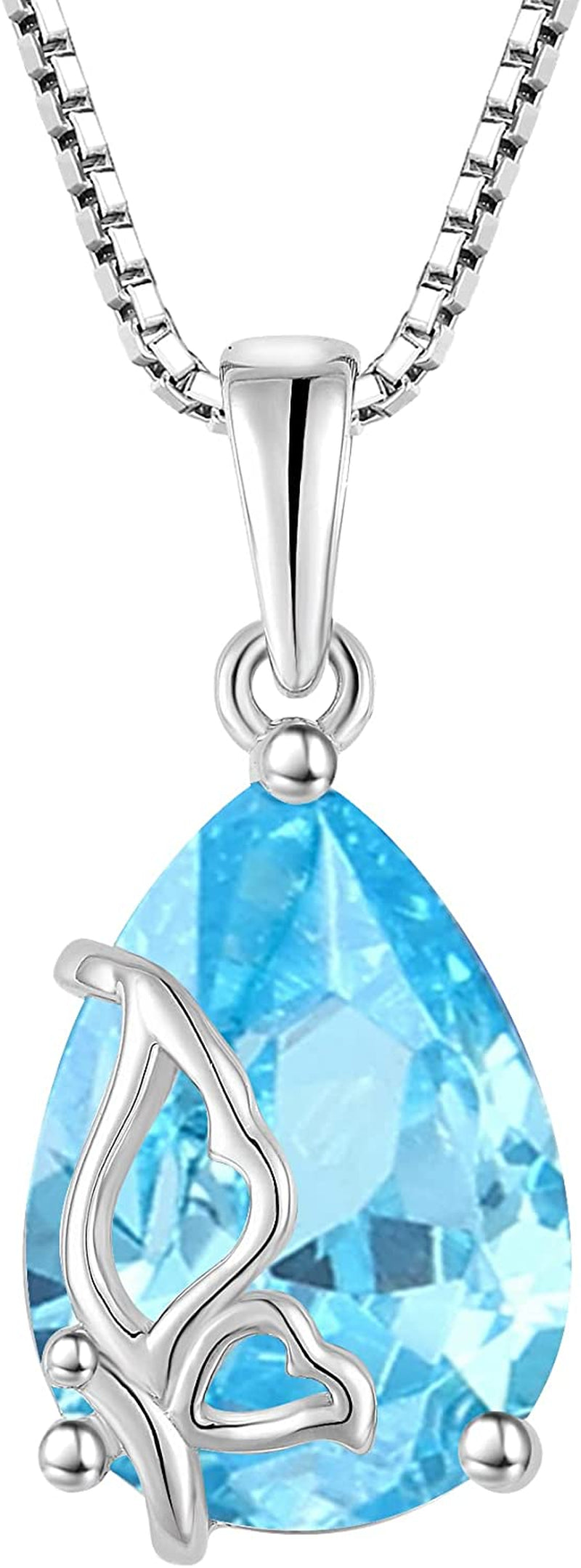 Birthstone Necklace for Women 925 Sterling Silver Butterfly Pendant Necklace with Created Gemstone Birthday Valentines Mothers Day Anniversary Christmas Jewelry Gifts for Mom Wife Girls Her