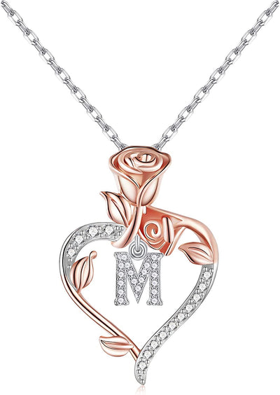 Rose Heart Initial Necklaces Gifts for Women Teen Girls, Rose Love Heart Letter Pendant Necklace Jewelry Mothers Day Valentines Anniversary Birthday Gifts for Her Women Wife Girlfriend Mom