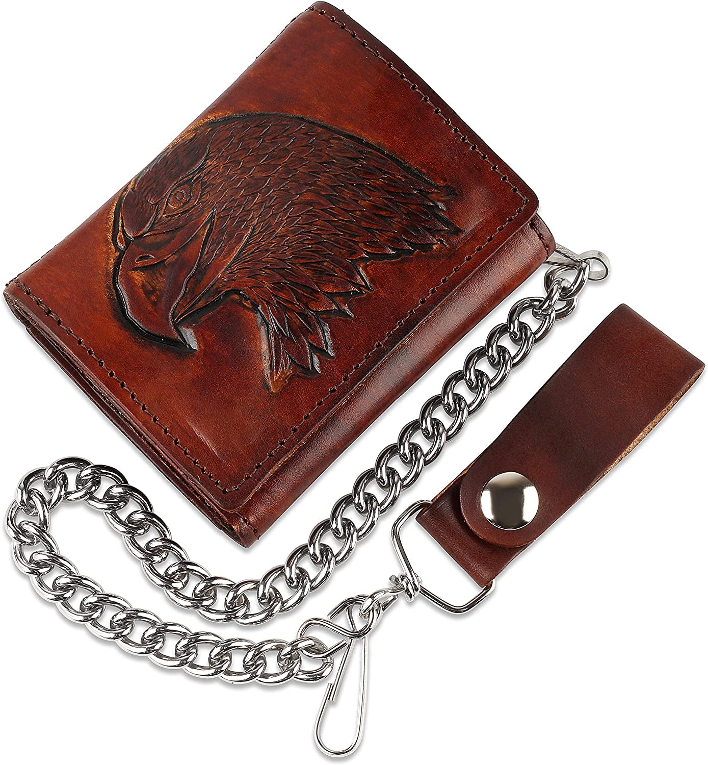 RFID Blocking Men'S Tri-Fold Vintage Biker Cowhide Top Grain Leather Steel Chain Wallet,Snap Closure, Made in Usa,Gl315,Black